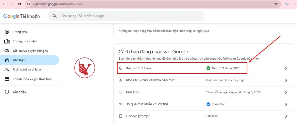 Kiểm tra xem đã bật xác minh 2 bước chưa tại tab Bảo mật tài khoản Google