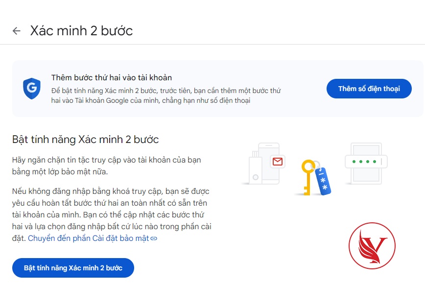 Bật tích năng xác minh 2 bước là bước bắt buộc để tạo mật khẩu ứng dụng Gmail