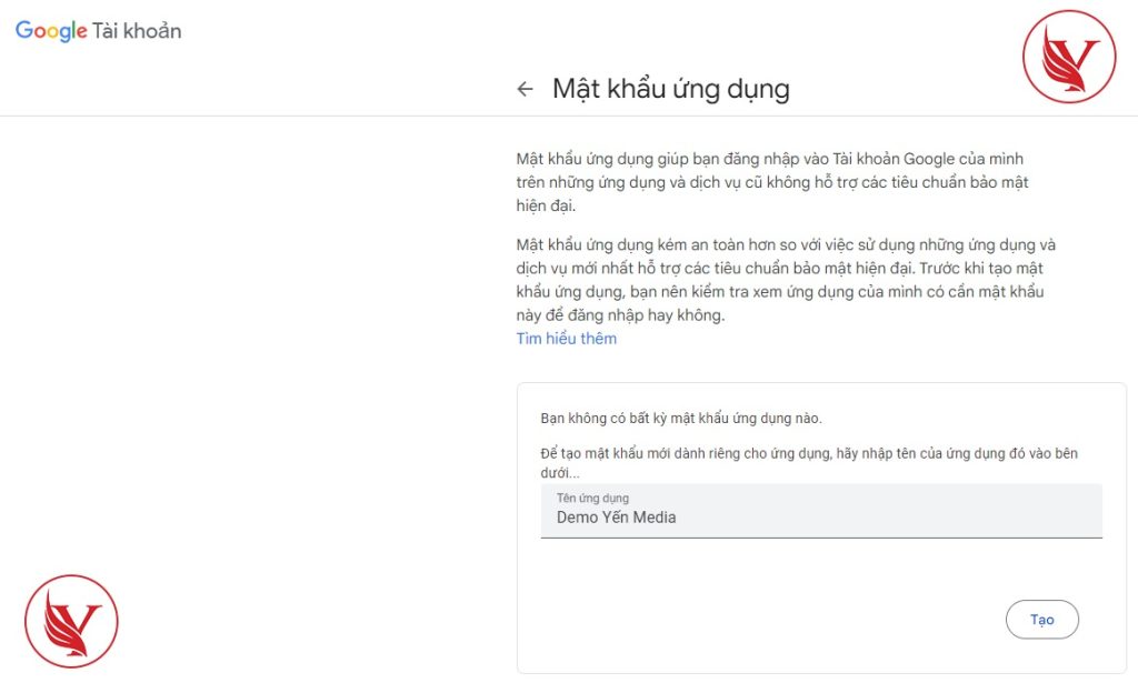 Tạo mật khẩu ứng dụng