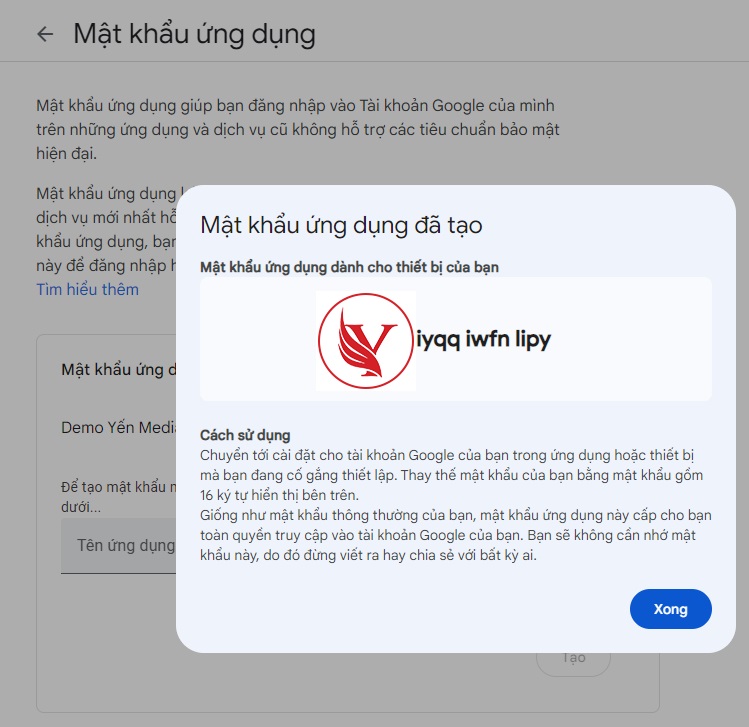 Copy mật khẩu ứng dụng bao gồm 16 ký tự đã tạo