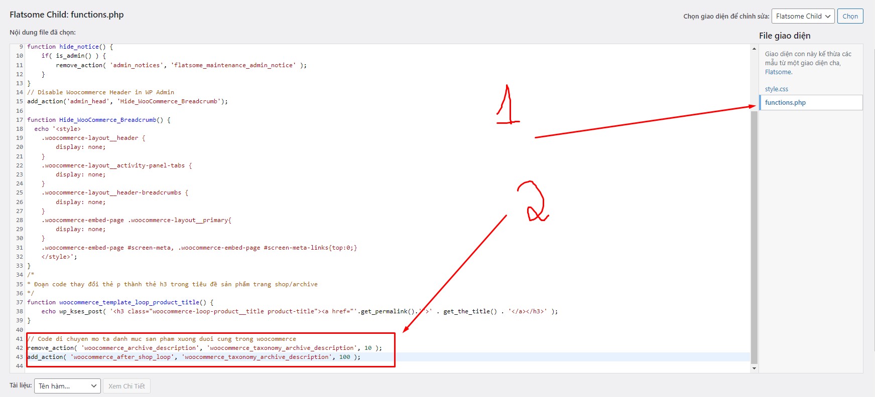 Code chuyển mô tả danh mục sản phẩm xuống dưới trong Woocommerce