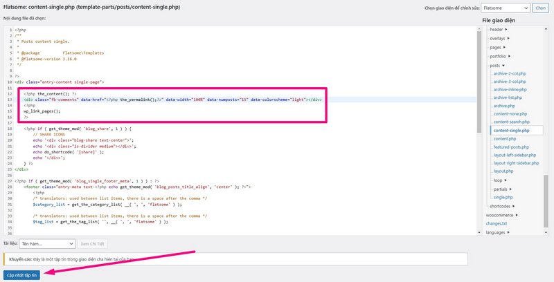 Truy cập vào file Content-single.php và chèn code như hướng dẫn trong ảnh