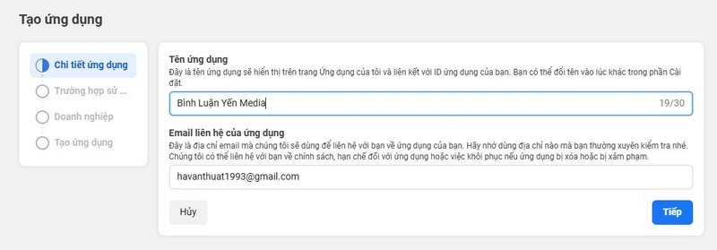 Đặt tên cho Apps FB, ở đây mình đặt tên Apps là Bình Luận ShoppingWeb