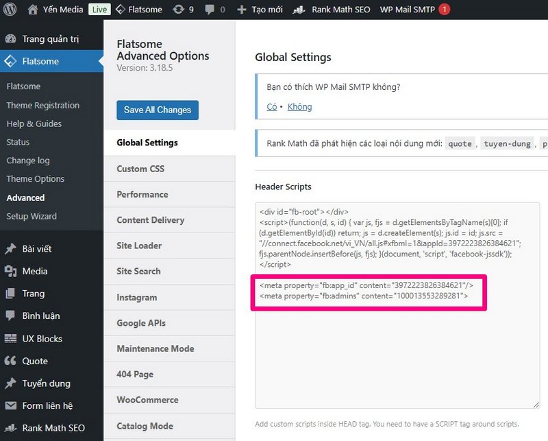 Vào Flatsome => Advanced => Global Settings => Chèn code vào mục Header Scripts