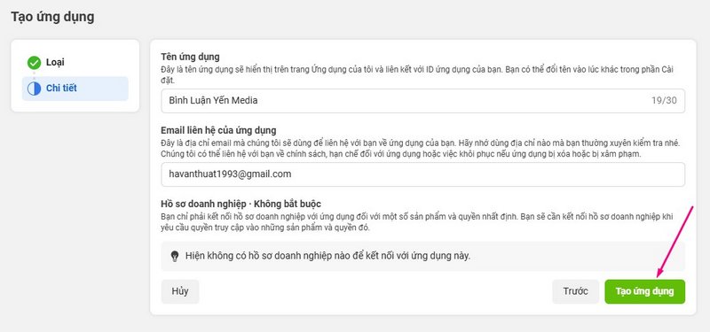 Bấm Tạo ứng dụng để hoàn tất việc tạo Apps FB